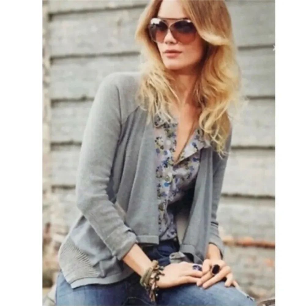 Cabi Gray Open Style Waterfall Pocket Ribbed Cardigan Sweater Modern Office